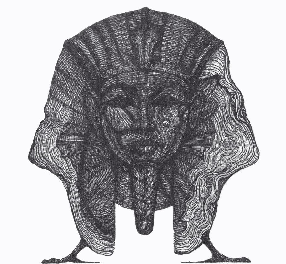 Pharaoh bust in an engraved style, one side rendered as flowing wood grain